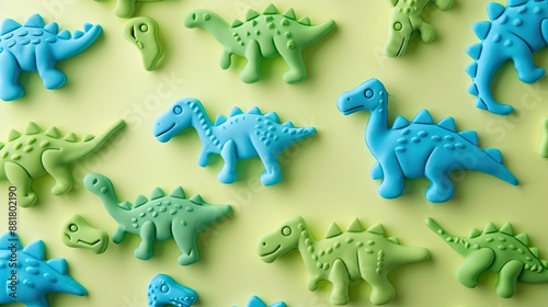 Playful Plastic Dinosaur Toys Arranged on a Green Background photo