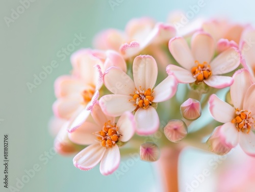 Close-up of delicate pink and white flowers with soft green background. photo