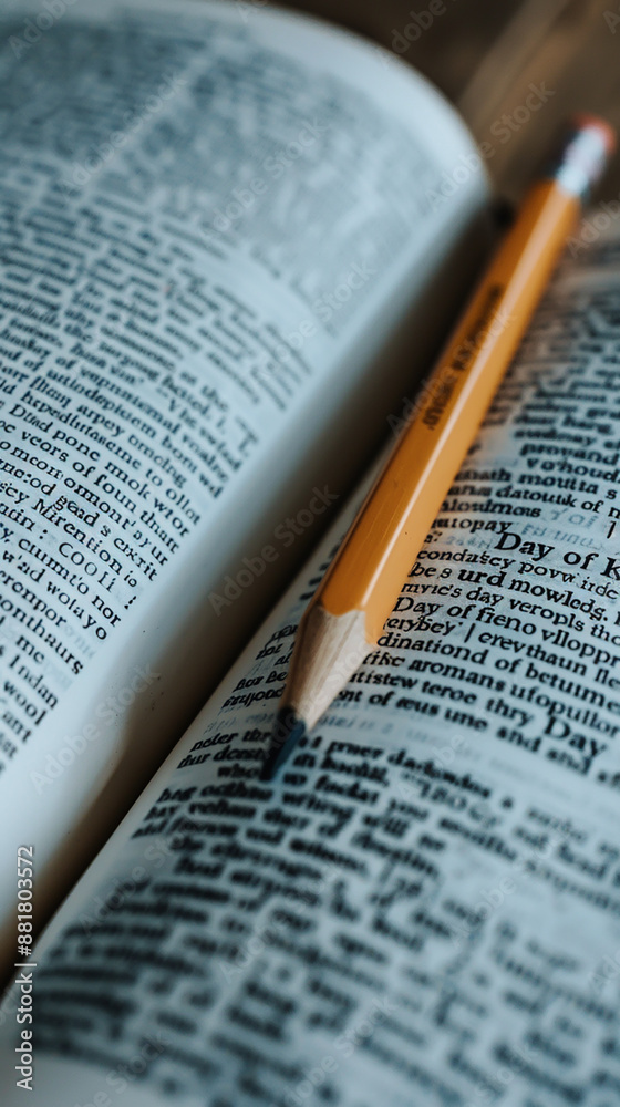 Dictionary with Highlighted Words and Pencil - Education, Language Learning, Literacy Concept Design for Print Dictionary with Highlighted Words and Pencil - Education, Language Learning, Literacy Concept Design for Print