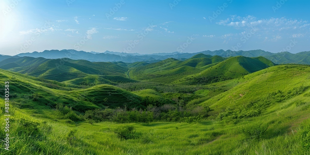 A panoramic view of lush green hills under a clear blue sky. A panoramic view of lush green hills under a clear blue sky.