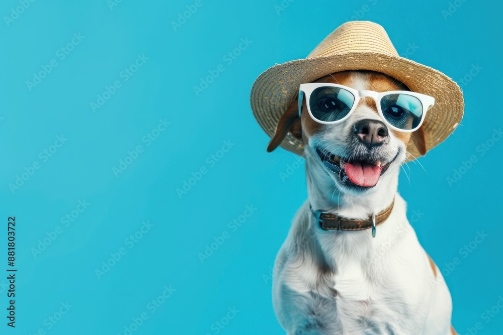 Happy dog wearing sunglasses and a hat over blue background. Promotion banner with empty space Happy dog wearing sunglasses and a hat over blue background. Promotion banner with empty space