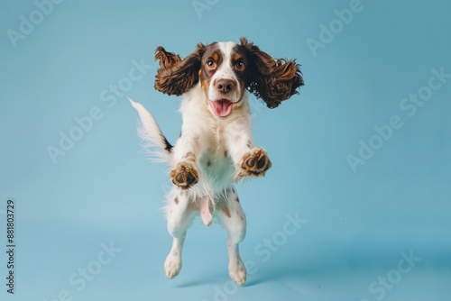 Happy English Springer Spaniel dog jumping on blue background