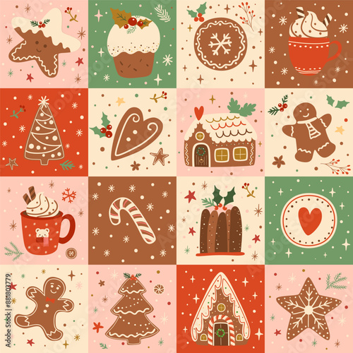 Christmas patchwork seamless pattern with Christmas dessert. Gingerbread houses, cookies hand drawn in winter holiday mosaic background. Tasty quilt vector print, wallpaper, wrap, gift paper, textile.