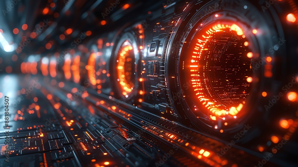 Futuristic corridor with glowing orange lights and advanced technology, depicting a high-tech science fiction environment. Futuristic corridor with glowing orange lights and advanced technology, depicting a high-tech science fiction environment.