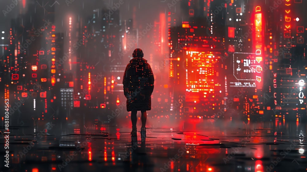 Futuristic cyberpunk cityscape with neon lights and silhouette of a person standing alone in the rain, reflecting on wet streets. Futuristic cyberpunk cityscape with neon lights and silhouette of a person standing alone in the rain, reflecting on wet streets.