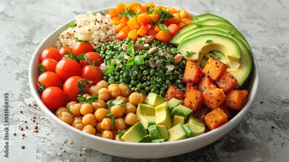 Healthy Buddha bowl with avocado, chickpeas, tomato, quinoa, greens, and roasted vegetables on a marble surface. Healthy Buddha bowl with avocado, chickpeas, tomato, quinoa, greens, and roasted vegetables on a marble surface.