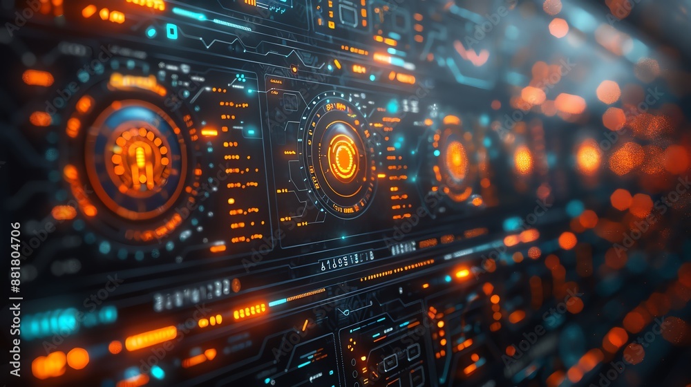 Futuristic digital interface panel with bright neon lights, glowing screens, and complex data visualization in an advanced technology setting. Futuristic digital interface panel with bright neon lights, glowing screens, and complex data visualization in an advanced technology setting.
