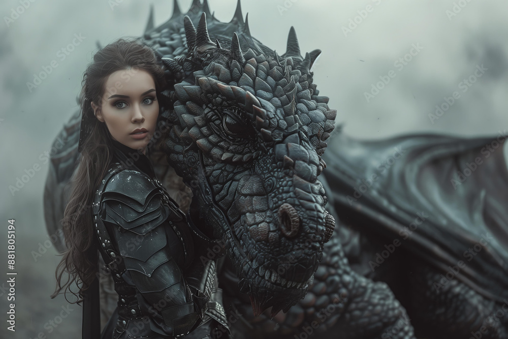 Fototapeta premium woman dragon rider , posing next to her huge black dragon , foggy background, medieval fantasy style outfit, leather armor, fictional character