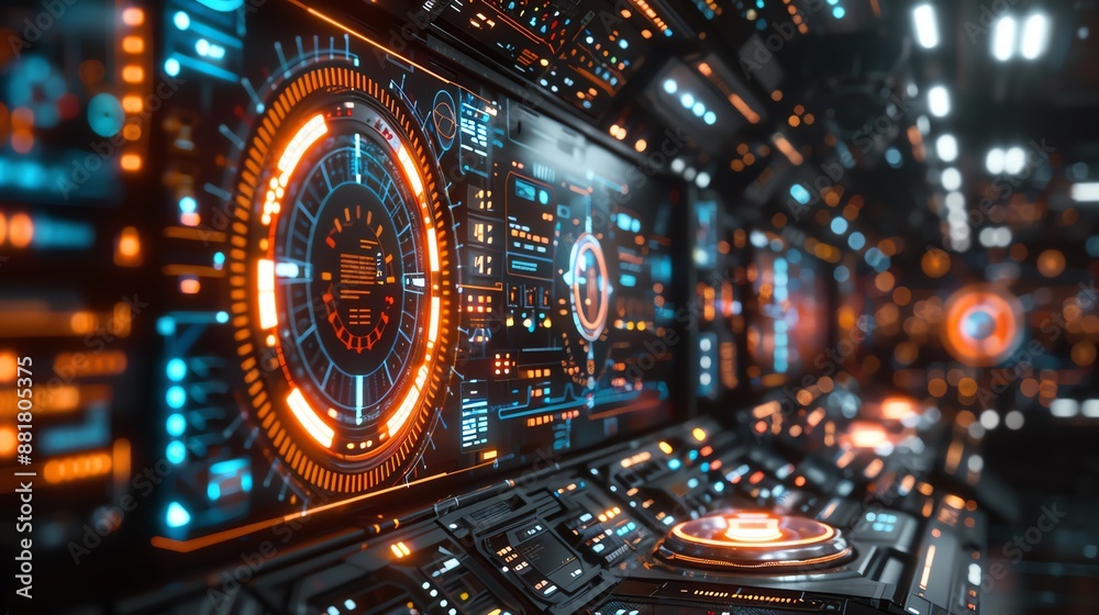 Obraz premium Futuristic spaceship control panel with glowing holographic displays, high-tech interface for science fiction themed projects.