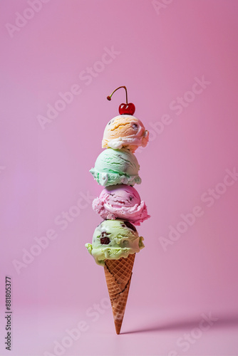 ertical stack of five ice cream cones with one cherry on top , each with different colors and textures, were arranged to form the shape of an arrow pointing upwards against a pastel pink background photo