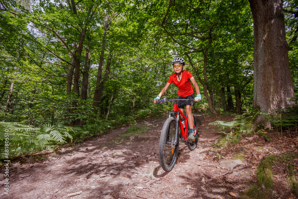 Happy cyclist exploring the mountain forest on professional bike Happy cyclist exploring the mountain forest on professional bike