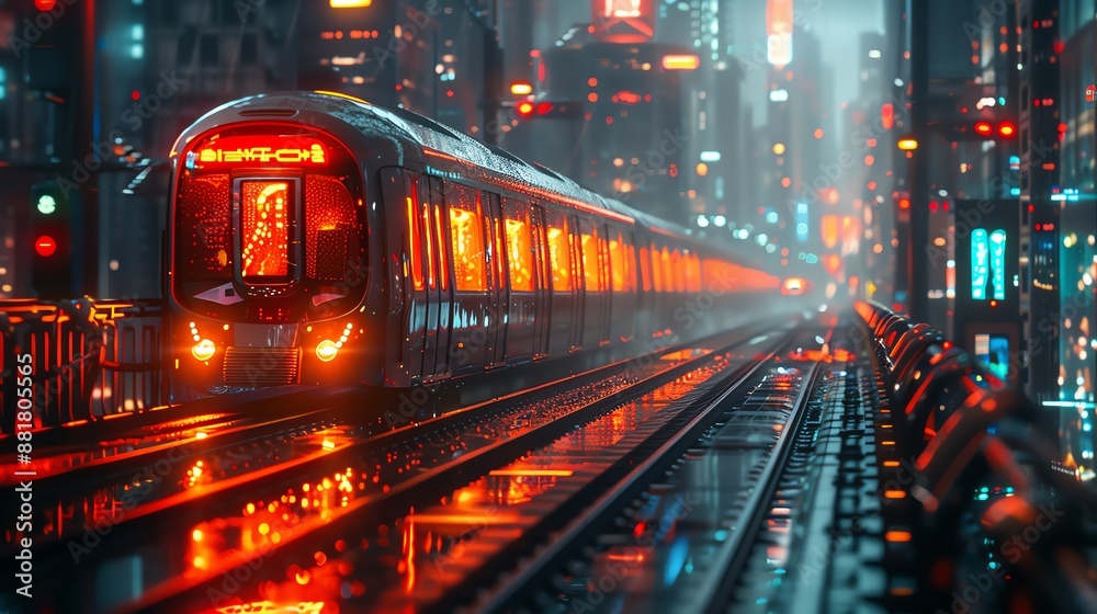 Futuristic urban train in a neon-lit cityscape reflecting in wet streets, capturing the essence of modern transportation at night. Futuristic urban train in a neon-lit cityscape reflecting in wet streets, capturing the essence of modern transportation at night.