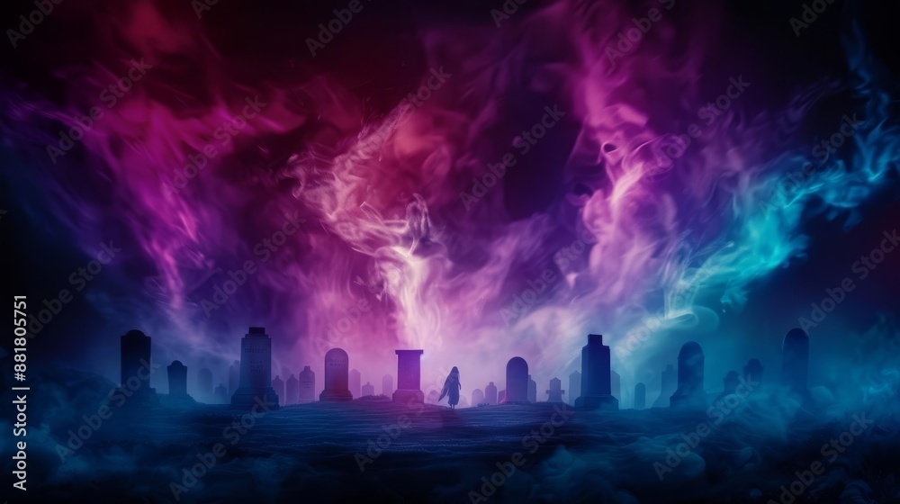 A vibrant cosmic landscape with neon clouds and silhouette figures, creating a surreal and mystical atmosphere. A vibrant cosmic landscape with neon clouds and silhouette figures, creating a surreal and mystical atmosphere.