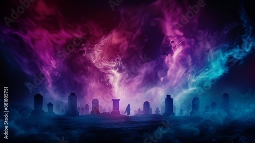 A vibrant cosmic landscape with neon clouds and silhouette figures, creating a surreal and mystical atmosphere.