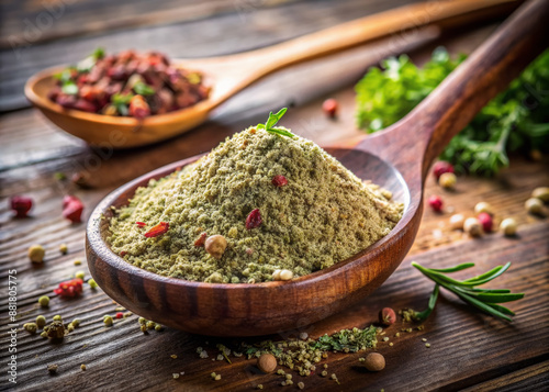 A rustic wooden spoon holds a heap of savory beef flavor booster powder with dried vegetables, perfect for marinating and soup recipes enhancement.