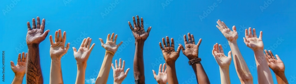 Multiple hands raised high in the air against a blue sky. Multiple hands raised high in the air against a blue sky.
