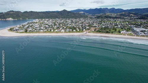 Scenic Whangamata Beach In Coromandel, New Zealand - Aerial Drone Shot photo