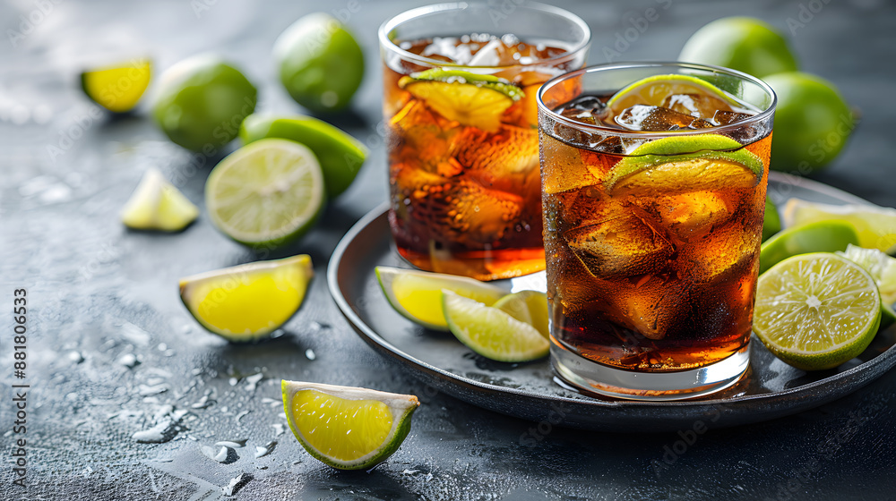 Glasses of cold Cuba Libre cocktail and plate with limes on grey background Glasses of cold Cuba Libre cocktail and plate with limes on grey background