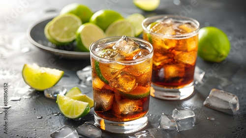 Glasses of cold Cuba Libre cocktail and plate with limes on grey background