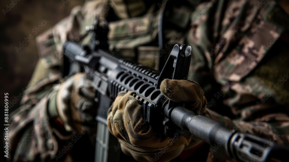 Close-Up of Soldier Holding Rifle in Tactical Gear, Military Equipment, and Camouflage Uniform Close-Up of Soldier Holding Rifle in Tactical Gear, Military Equipment, and Camouflage Uniform