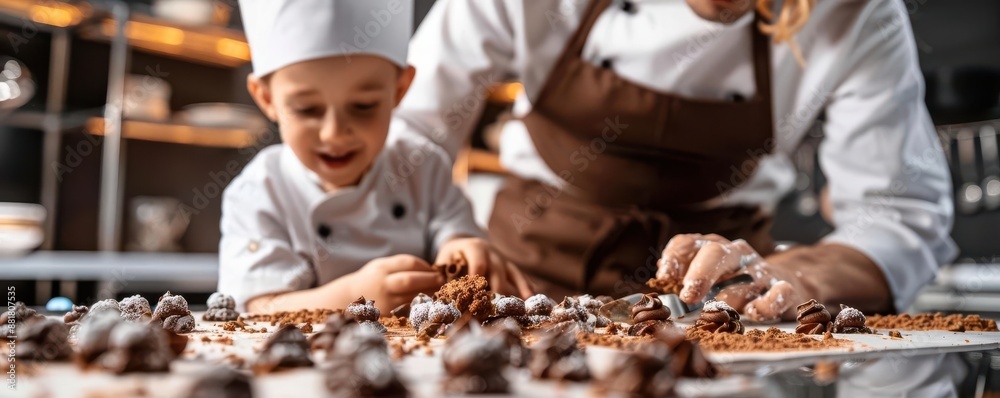 Young chef and adult working on a table covered in chocolate. Young chef and adult working on a table covered in chocolate.