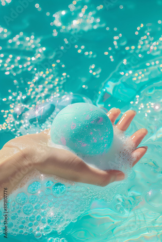 product photography, a azur water background, a close up of a woman's hand holding a bright blue azur colored round shaped puffy bath bomb in the palm with foam and bubbles around it, floating  photo