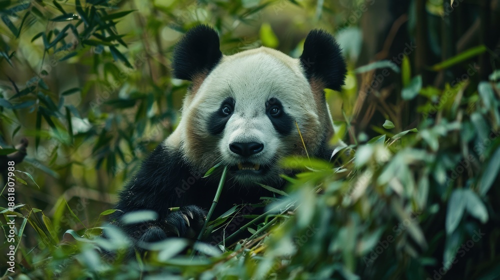 Obraz premium A cute panda munching on bamboo in a lush forest