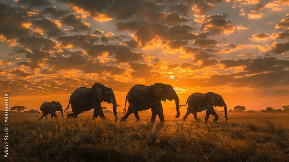 Fototapeta premium A family of elephants walking through the savannah at sunset