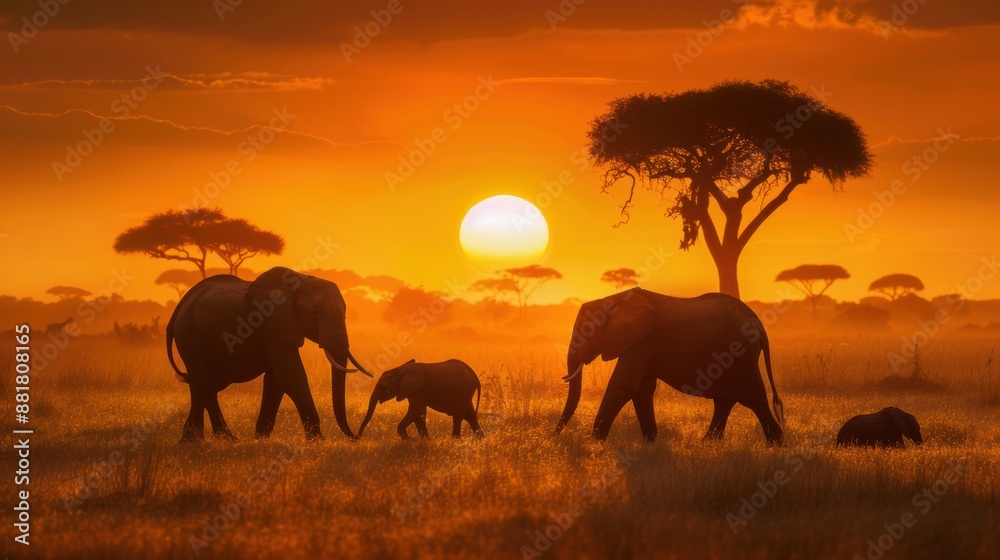 Fototapeta premium A family of elephants walking through the savannah at sunset