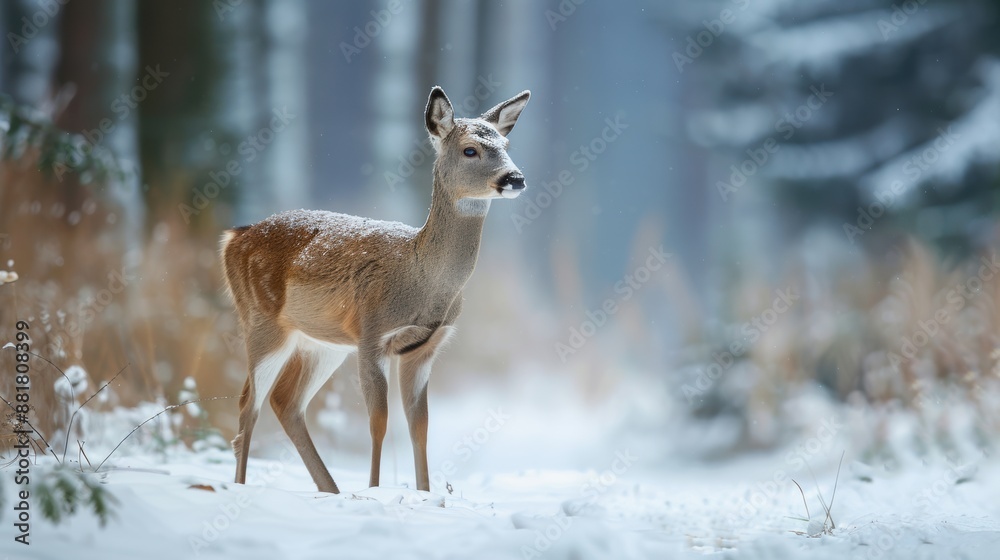 A graceful deer standing in a snowy winter landscape A graceful deer standing in a snowy winter landscape