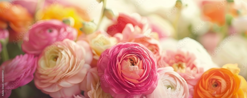 Close-up of delicate pink, white and orange ranunculus flowers. Close-up of delicate pink, white and orange ranunculus flowers.