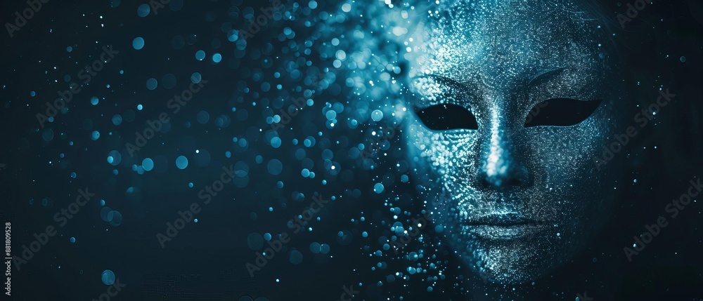Digital abstract of a facial mask dissolving into particles. Symbolizes transformation, mystery, and the unknown in a dark atmosphere.