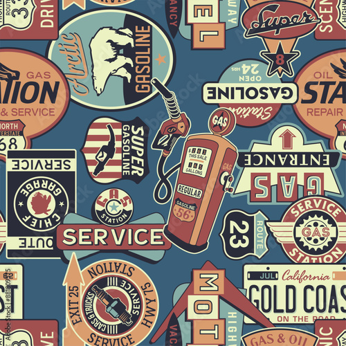 Vintage motel gasoline car service  sign board patchwork wallpaper abstract vector seamless pattern for boy kid children wear fabric shirt sweatshirt pajamas