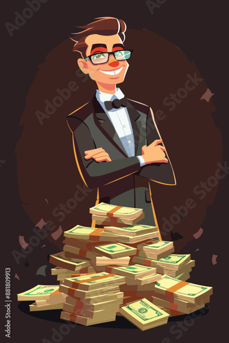 Rich businessman holding pile of money banknotes, earning profit from investments and wealth management