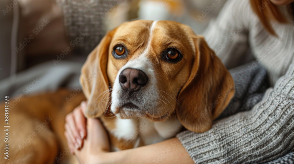 Close-up of a cute beagle sitting on the sofa with its owner. Pet on the sofa enjoying time with its owner. Concept of animals, time together. Close-up of a cute beagle sitting on the sofa with its owner. Pet on the sofa enjoying time with its owner. Concept of animals, time together.