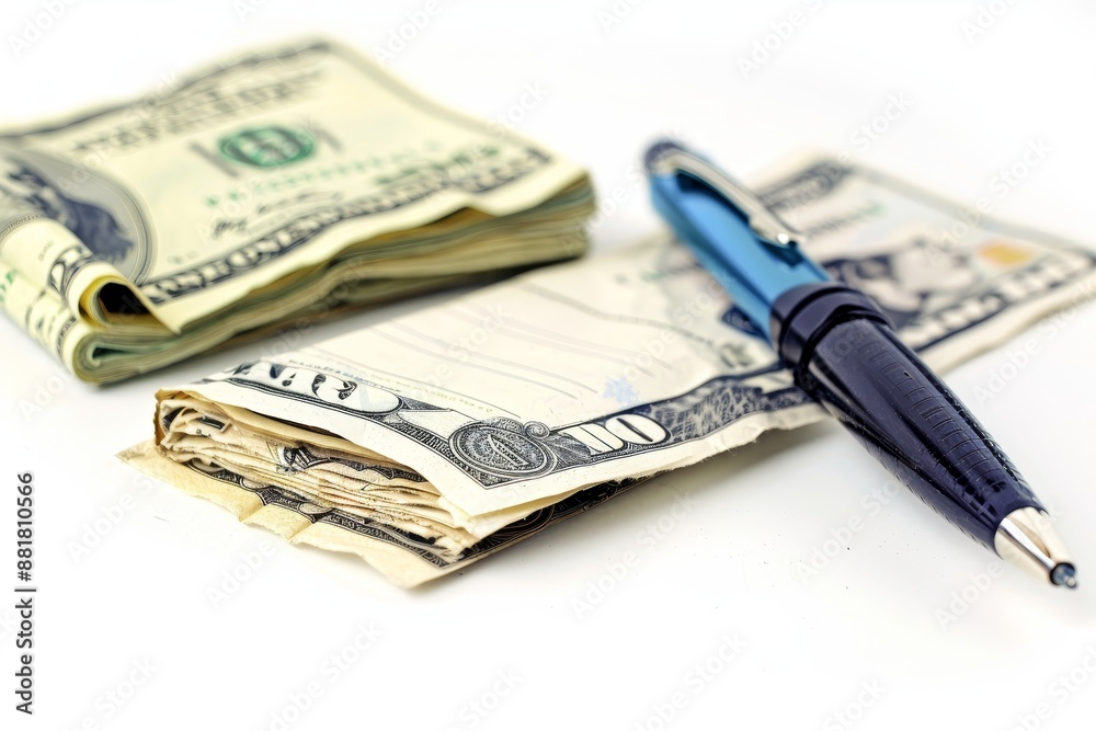 A pile of crumpled dollar bills next to a shopping list and a pen, on white background A pile of crumpled dollar bills next to a shopping list and a pen, on white background