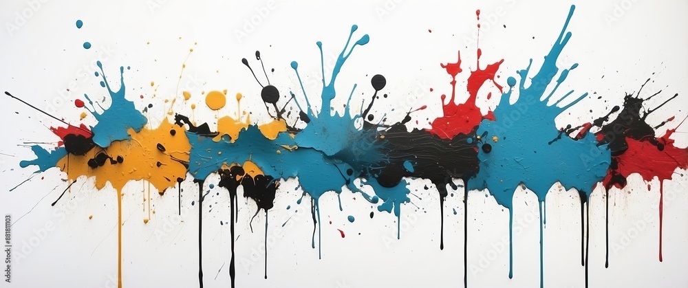 Fototapeta premium Abstract splatter art with vibrant colors like red, blue, yellow, and black on a white background, conveying energy and creativity Ideal for decor and artistic expression