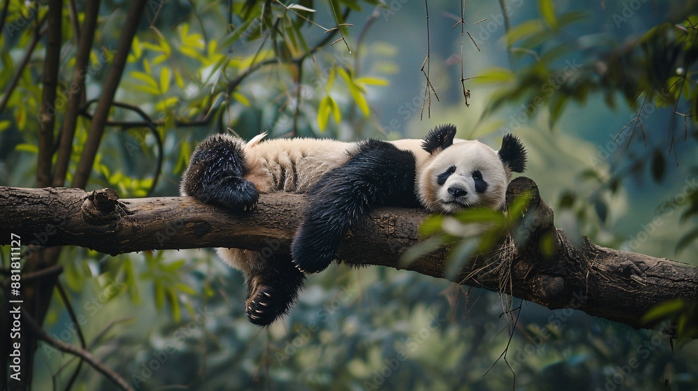 Obraz premium A sleepy panda resting on a high branch.