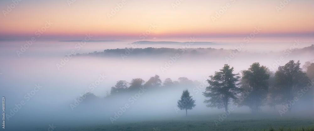 A serene dawn landscape with hills and trees enveloped in a morning mist, capturing the tranquility and ethereal beauty of the countryside A serene dawn landscape with hills and trees enveloped in a morning mist, capturing the tranquility and ethereal beauty of the countryside