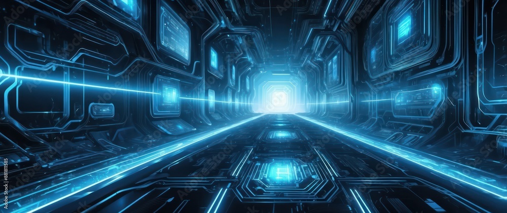 Futuristic neon blue tunnel with glowing circuitry and high tech elements, evoking concepts of technology, cyberpunk, and virtual reality Futuristic neon blue tunnel with glowing circuitry and high tech elements, evoking concepts of technology, cyberpunk, and virtual reality