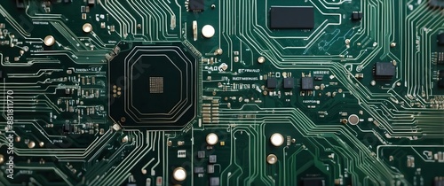 Close up of a green circuit board highlighting the complexity and interconnection of electronic components, symbolizing technology and innovation