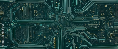 Intricate green and gold circuit board with complex electronic pathways, perfect for tech, sci fi themes, engineering projects, and modern digital designs