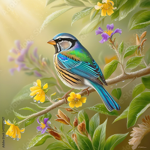 Vibrant sparrow bird perched on a delicate twig of a lush green tree, surrounded by a kaleidoscope of blooming wildflowers,  photo