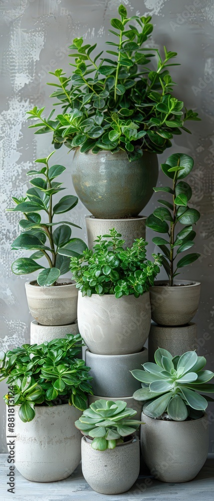 Stacked arrangement of assorted potted succulents against a rustic background. Perfect for home decor inspiration. Stacked arrangement of assorted potted succulents against a rustic background. Perfect for home decor inspiration.