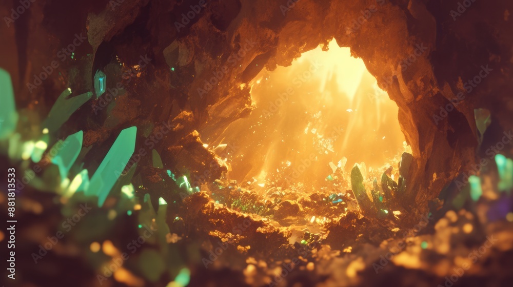 A mystical cave with glowing crystals in the morning A mystical cave with glowing crystals in the morning