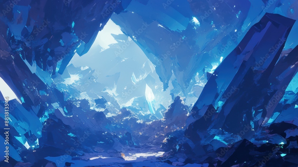 A mystical cave with glowing crystals in the morning A mystical cave with glowing crystals in the morning