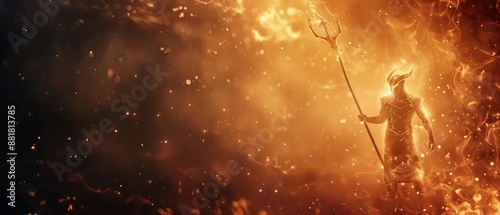 Epic fantasy scene of a fiery mythical creature holding a trident amidst flames and sparks, evoking power and mystery.