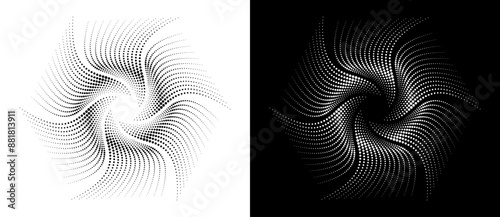 Abstract background with halftone dots spiral. Modern circle dotted pattern. Futuristic hexagon concept. Black shape on a white background and the same white shape on the black side.