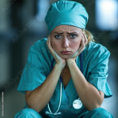 image of a tired female doctor in a medical uniform.