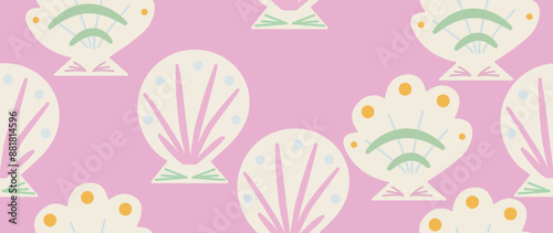 Vector flat illustration. Seamless sea shells in pastel colors. In cartoon style. Cute underwater themed print. Ideal for gift wrapping, posters, covers, screensavers, textile decor, etc.